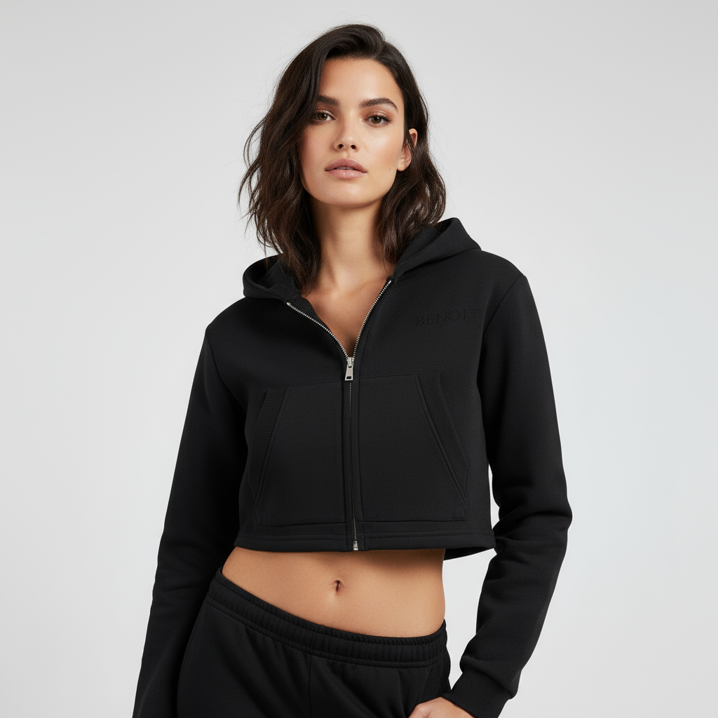 BENOÎT Essential Cropped Zip-Up Hoodie
